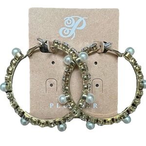 New Plunder Gold Tone CZ Faux Pearl Hoop Earrings